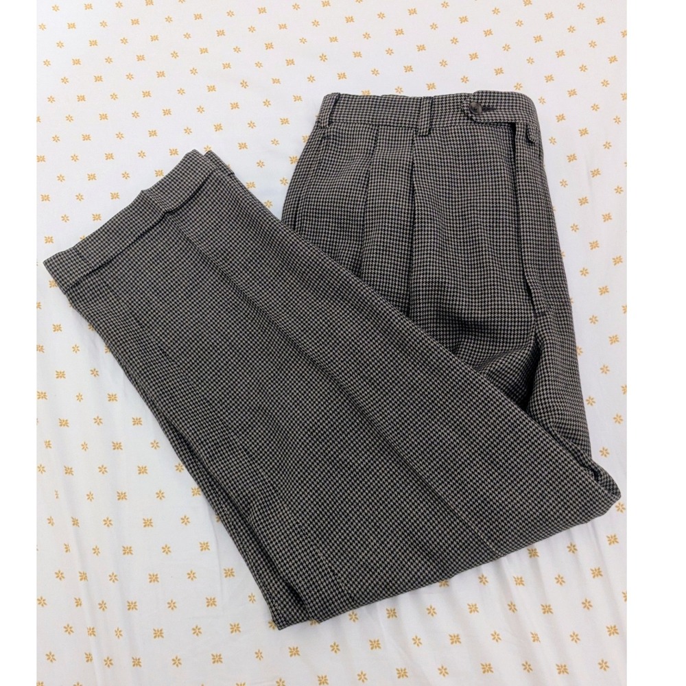 Tommy Hilfiger Wool Houndstooth Flannel Pleated Cuffed Dress Pants Taupe 36x30
